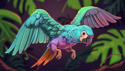 A colorful parrot flew over a vibrant jungle, admiring the exotic flora and fauna