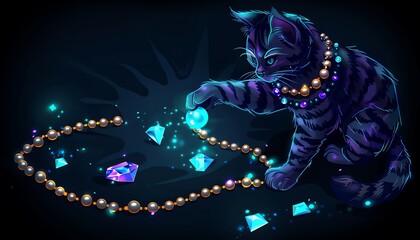 A creative cat designed intricate jewelry, stringing together pearls and gemstones with its nimble paws - obrazy, fototapety, plakaty