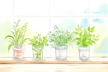 Aromatic herbs in a sunny window sill, perfect for a kitchen or sunny room, showcasing the simple beauty and practicality of indoor herb gardening