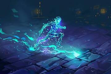 A ghostly marathon runner races through a deserted city, its spectral form leaving a trail of ethereal energy in its wake