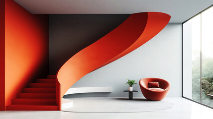 Minimalist interior design in bold hues, red spiral staircase contrasts with white and grey tones of the room, sleek white bench, stylish red chair, small table, natural light from large window