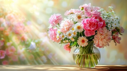   A wooden table holds a vase filled with pink and white flowers Adjacent stands a green vase, also containing the same blossoms