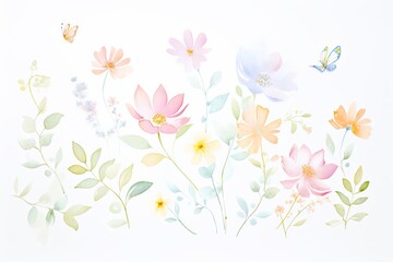 Fototapeta na wymiar Delicate floral watercolor, ideal for a nursery or guest room, with soft flowing petals in pastel colors that bring a sense of calm and freshness