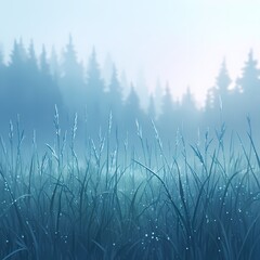 A serene scene of tall grass and trees bathed in soft morning mist, evoking tranquility and natural beauty.