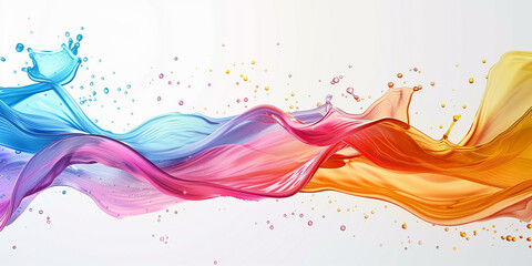 Splash of multi-colored liquid paint on a white background, abstract banner. Spray of rainbow paint...