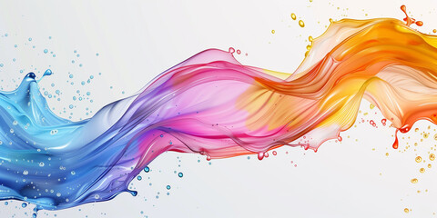 Splash of multi-colored liquid paint on a white background, abstract banner. Spray of rainbow paint...