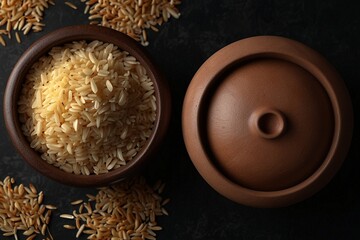 Brown rice in clay pot, uncooked and hulled, isolated on black, top view. Very realistic, 8k quality, hyper realistic, ultra realism.jpg, Brown rice in clay pot, uncooked and hulled, background and te