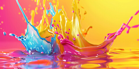 Splash of multi-colored liquid paint on a yellow background, abstract banner. Spray of rainbow...