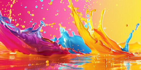 Splash of multi-colored liquid paint on a yellow background, abstract banner. Spray of rainbow paint poster. Bright colorful wallpaper. Digital raster bitmap. Photo style. AI artwork.