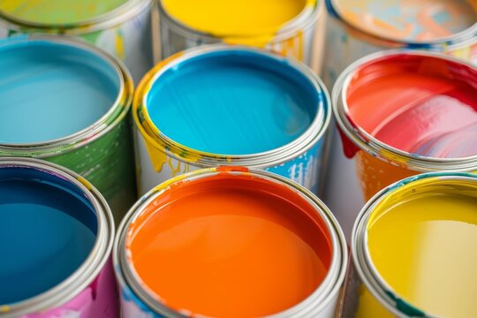A selection of open paint cans presents a rainbow of bright colors, showcasing potential for vibrant interior decorating projects..