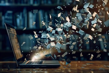 a lot of letters are flying towards the laptop computer