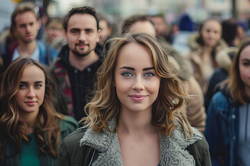 Obraz premium attractive woman looking at camera among crowd of blurred people