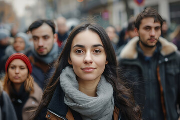 Fototapeta premium attractive woman looking at camera among crowd of blurred people