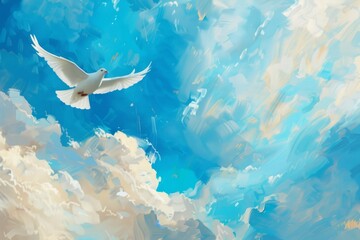 white dove of peace in blue sky with clouds