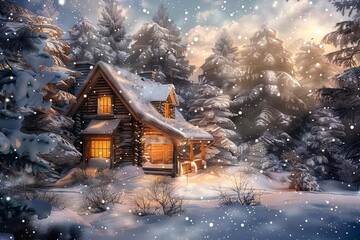 fairy-tale house among a beautiful winter forest landscape - obrazy, fototapety, plakaty