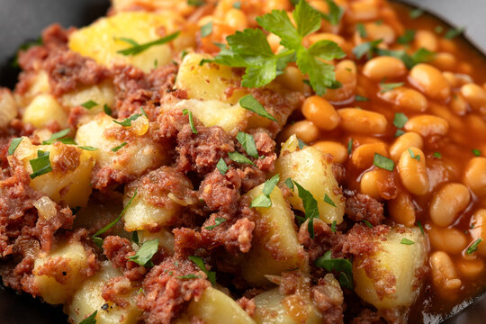 Corned beef hash with potatoes and beans in tomato sauce.