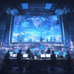 Advanced Teamwork in Futuristic Command Center - obrazy, fototapety, plakaty