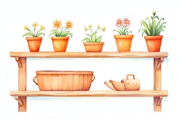 Rustic wooden shelves filled with terracotta flower pots, ideal for a patio or garden shed, creating a functional yet decorative display of gardening passion