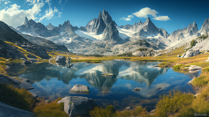 Fototapeta na wymiar Stunning landscape with a tranquil lake surrounded by majestic mountains and lush greenery