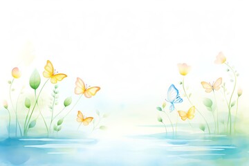 Tranquil scene of butterflies over a serene pond, perfect for a meditation room or spa, promoting calm and the gentle grace of butterfly movements