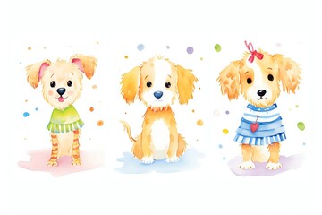 Whimsical cartoon dogs in colorful attire, suitable for a nursery or pediatrician s office, adding fun and cheer with friendly canine characters