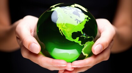Women's palms hold planet Earth in the form of a green glass ball, environment