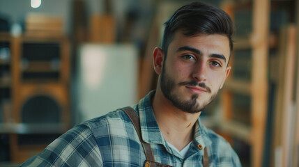 Up-and-Coming Young Craftsman in a Well-Organized Woodworking Shop
