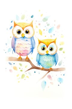 Whimsical cartoon owl family on a branch, suitable for a nursery or children s playroom, adding a fun and cheerful touch with colorful characters