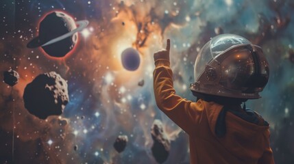 Child in astronaut helmet dreams big, pointing at asteroids poster for International Asteroid Day. Asteroid Day