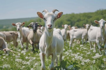 Cow goat pasture in a field ecological local farm no cruelty animal safety happiness herd flock milk eco environment sustainability humanity agriculture green forest meadows mountains grass land