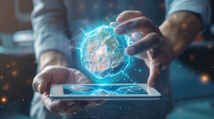 Celebrating Asteroid Day with a tablet showcasing an AR asteroid in hands. Asteroid Day