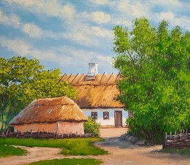 house in the Oil paintings rural landscape, old houses in the countryside, garden in the old village. Fine art, artworkcountryside - 791118298