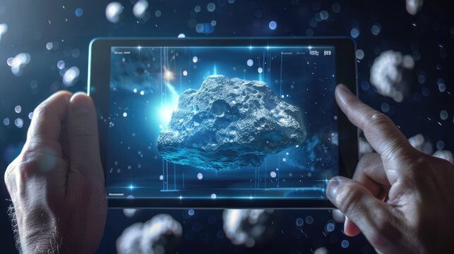 Augmented reality asteroid on a tablet, celebrating modern technology day. Asteroid Day - Powered by Adobe