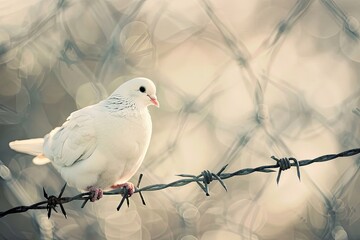 A pigion or dove standing on barbed wire symbolic of war and peace