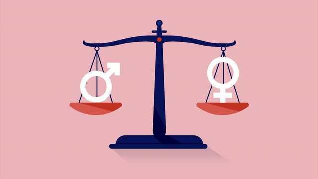 Gender equality scale animation - Weight balance with gender signs showing equal weight for both male and female genders in animated flat design vector illustration