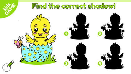 Educational kids Easter game. Find the correct shadow. Cartoon chick hatched from egg. Cute chick in cracked egg. Activity book for school children. Vector baby illustration on spring holiday theme. © Alyona-Simona