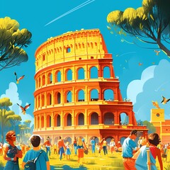 Spectacular Illustrated Roman Colosseum with Sunlit Sky and Happy People
