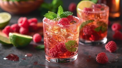 Two Glasses of Raspberry Lemonade With Mint Garnish