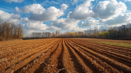 Newly plowed field ready for planting with visible furrows stretching across the land