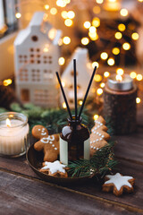 Cozy atmosphere, relaxation, festive mood, interior decor bedroom, living room. Winter home...