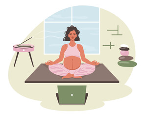 Pregnant woman in lotus pose. yoga at home. Female character does yoga, meditation, stretching, indoor. Mom with belly meditation, relaxing. Bodycare, pregnancy health concept. Vector illustration