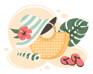 Summer relax clipart. Resort design with sunhat, beach bag, summer palm leaves, beach shoes. Summer items for sunbathing, walking, weekend holiday, relaxing. Vector illustration for summer time