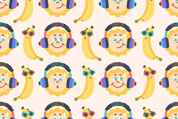 Groovy seamless pattern. Cute Sunshine in headphones with funny tropical fruit. Groovy characters with fashion accessories. Cartoon bananas in sunglasses. Nostalgia for 2000s, 90s, 80s, 70s. Vector