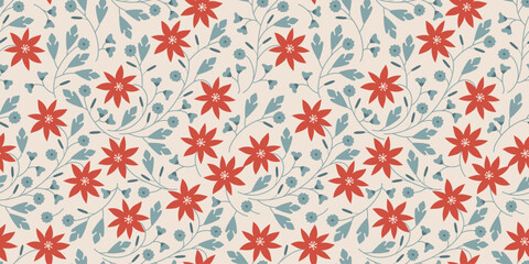 Scandinavian-inspired eco-friendly floral design with red flowers, ethnic garden leaves, and organic flower shapes. Folk illustration on a light beige backdrop, showcasing traditional wildflower motif © Danchenko