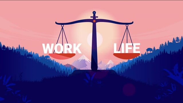 Work-life balance animation - Weight scale with the words work and life balancing comparing and showing choice and perfect harmony in morning sun landscape, inspirational animated flat vector design