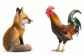 Red fox, Vulpes vulpes, sitting next to a Hen, looking at each other