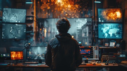 Obraz premium AI being used for film editing, dark studio, multiple screens, creative process