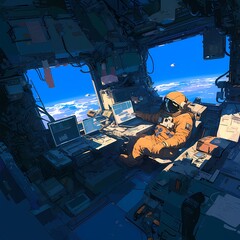 Vibrant Animated Spaceship Command Center Conceptual Artwork with Astronaut