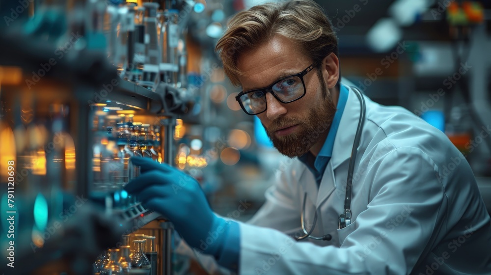 Poster biomedical engineer working on a medical device prototype in a high-tech lab