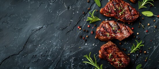 Ribeye beef steak cooked on a grill with herbs and spices, arranged on a dark surface. Photographed from above with empty space for text.